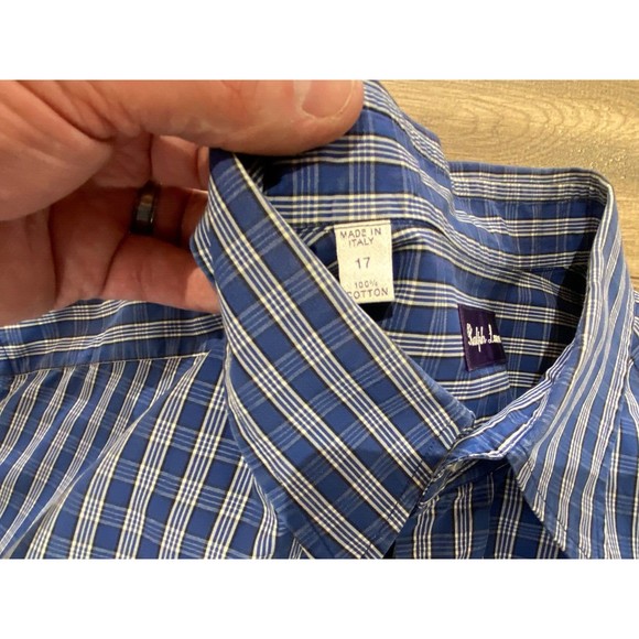 Ralph Lauren Purple Label Mens XL 17 Blue Plaid Long Sleeve Button Up Italy Made - Picture 6 of 9